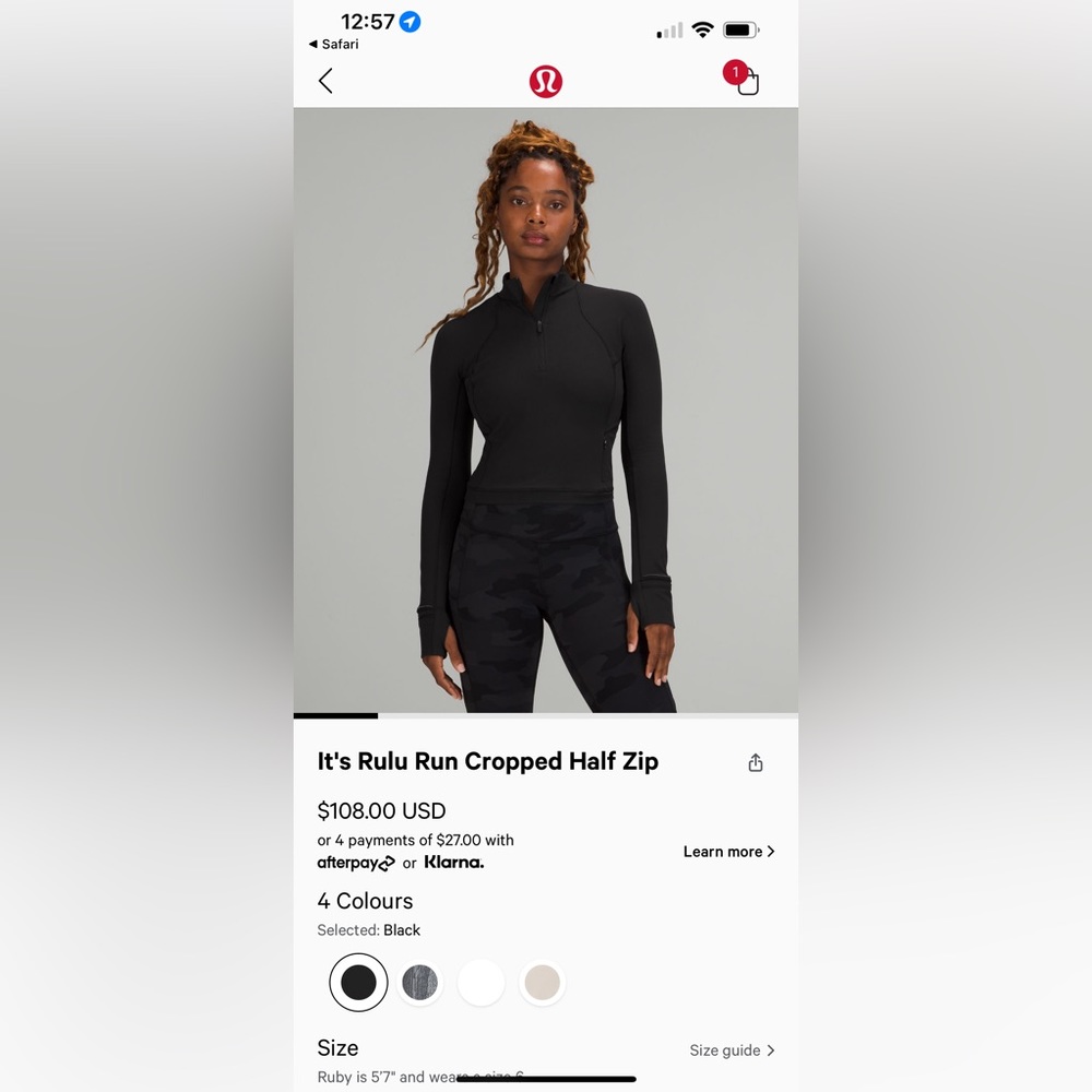 Lululemon It’s Rulu Run Cropped Half Zip Size 8